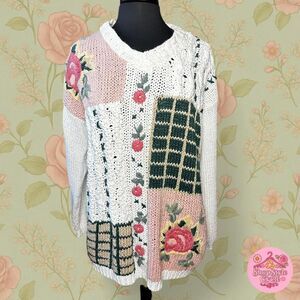 Vintage Patchwork Hand-Knit Sweater - Colleen's Collectibles - L - Cottagecore